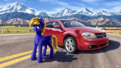 Size: 4551x2560 | Tagged: safe, artist:smowu, oc, oc only, oc:cloud quake, pegasus, pony, car, dodge (car), dodge avenger, highway, road, scenery, solo