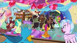 Size: 1280x720 | Tagged: safe, screencap, gallus, ocellus, pinkie pie, sandbar, silverstream, smolder, yona, classical hippogriff, griffon, hippogriff, yak, g4, school daze, butt, friendship always wins, plot, school of friendship, singing, smiling, student six