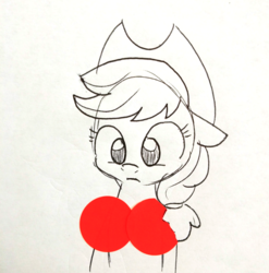 Size: 1388x1406 | Tagged: safe, artist:tjpones, applejack, earth pony, pony, g4, bust, censored, confused, female, lineart, mare, monochrome, partial color, simple background, sketch, solo, strategically covered, traditional art, unnecessary censorship, we don't normally wear clothes