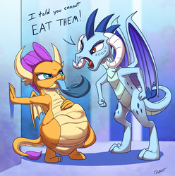 Size: 1200x1210 | Tagged: safe, artist:ponythroat, gallus, princess ember, smolder, dragon, griffon, angry, armpits, belly, defiance, dialogue, eaten alive, female, fetish, gallusprey, grammar error, happy prey, male, possible digestion, same size vore, sblobder, smolderpred, tail sticking out, vore, yelling, young