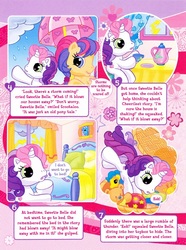 Size: 695x933 | Tagged: safe, scootaloo (g3), sweetie belle (g3), earth pony, pony, unicorn, g3, g3.5, official, comic, fear, female, filly, foal, frown, magazine, scared, sweetie belle and the stormy night
