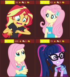 Size: 448x494 | Tagged: safe, artist:sketchmcreations, fluttershy, sci-twi, sunset shimmer, twilight sparkle, derpibooru, equestria girls, g4, my little pony equestria girls: better together, cute, duality, juxtaposition, meme, meta, shyabetes, vector