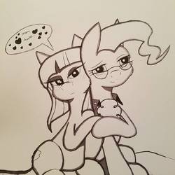 Size: 1080x1080 | Tagged: safe, artist:zalla661, maud pie, mayor mare, earth pony, pony, g4, female, hug, lesbian, mayormaud, monochrome, shipping, traditional art