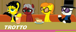 Size: 1932x824 | Tagged: safe, artist:grapefruitface1, oc, oc:maestro pages, oc:riff chords, oc:sonic vertigo, oc:steve ponycaro, pony, base used, chair, clothes, drink, food, jewelry, necklace, pie, plate, ponified, scarf, show accurate, straw, table, toto (band), updated