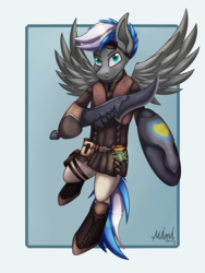 Size: 2400x3200 | Tagged: safe, artist:milkychocoberry, oc, oc only, oc:cloud zapper, pegasus, pony, clothes, digital art, high res, male, monster hunter, shield, simple background, solo, spread wings, stallion, sword, weapon, wings