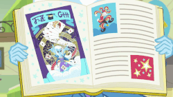 Size: 806x453 | Tagged: safe, screencap, trixie, equestria girls, equestria girls series, forgotten friendship, g4, animated, book, female, jester, looking at you, solo, yearbook