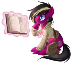 Size: 3013x2661 | Tagged: safe, artist:drawntildawn, oc, oc only, pony, book, clothes, commission, female, high res, hoodie, levitation, magic, mare, pendant, reading, simple background, sitting, solo, telekinesis, transparent background