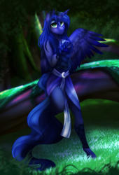 Size: 1024x1509 | Tagged: safe, artist:jacobdawz, princess luna, anthro, g4, clothes, female, horn, looking at you, sash, solo, wings