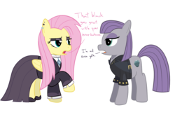 Size: 1200x800 | Tagged: safe, artist:mightyshockwave, fluttershy, maud pie, earth pony, pegasus, pony, fake it 'til you make it, g4, clothes, duo, ear piercing, earring, eyeshadow, fluttergoth, jacket, jewelry, leather jacket, makeup, piercing, simple background, vest