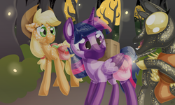 Size: 1000x600 | Tagged: safe, artist:sallindaemon, applejack, twilight sparkle, oc, alicorn, earth pony, pony, g4, cowboy hat, crate, female, hat, saddle bag, smiling, stetson, twilight sparkle (alicorn)