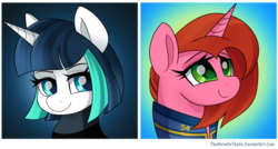 Size: 1024x548 | Tagged: safe, artist:thenornonthego, oc, oc only, oc:cherry pin, oc:dragonfire, pony, unicorn, fallout equestria, fallout equestria: child of the stars, clothes, fallout, female, mare, smiling