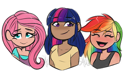 Size: 3200x1861 | Tagged: safe, artist:fairdahlia, fluttershy, rainbow dash, twilight sparkle, human, g4, :d, :t, blushing, bust, cute, dark skin, eyes closed, female, humanized, lidded eyes, looking at you, multicolored hair, no nose, open mouth, simple background, smiling, white background