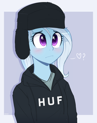 Size: 1452x1846 | Tagged: safe, artist:higglytownhero, trixie, equestria girls, g4, blushing, clothes, cute, diatrixes, female, hat, heart, hoodie, huf, solo, sweater