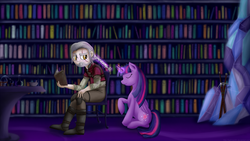 Size: 1920x1080 | Tagged: safe, artist:taggerung, twilight sparkle, alicorn, human, g4, alchemy, book, bookshelf, braiding, chair, geralt of rivia, human in equestria, human male, library, male, sword, the witcher, twilight sparkle (alicorn), weapon