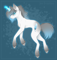 Size: 1024x1077 | Tagged: safe, artist:nerakie, oc, oc only, oc:ice feather, pony, unicorn, abstract background, chest fluff, cutie mark, ear fluff, female, glowing horn, horn, looking at you, mare, piercing, solo
