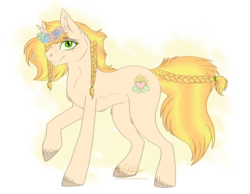 Size: 3113x2417 | Tagged: safe, artist:nerakie, oc, oc only, oc:caramel flower, pony, unicorn, braid, chest fluff, cutie mark, ear fluff, female, floral head wreath, flower, high res, looking at you, mare, simple background, smiling, solo, transparent background