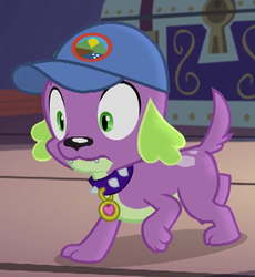 Size: 338x367 | Tagged: safe, screencap, spike, spike the regular dog, dog, equestria girls, g4, my little pony equestria girls: legend of everfree, camp everfree logo, cap, cropped, hat, male, paws, solo, spike's dog collar