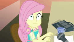 Size: 998x561 | Tagged: safe, screencap, fluttershy, equestria girls, fluttershy's butterflies, fluttershy's butterflies: rainbow dash, g4, my little pony equestria girls: better together, animated, coffee mug, cute, female, geode of fauna, magical geodes, microphone, mug, scared, shyabetes, solo