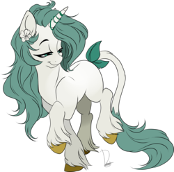 Size: 2193x2177 | Tagged: safe, artist:dormin-dim, oc, oc only, classical unicorn, pony, unicorn, female, flower, flower in hair, high res, horn, leonine tail, mare, simple background, smiling, solo, transparent background, unshorn fetlocks