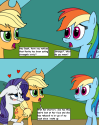 Size: 3000x3807 | Tagged: safe, artist:eagc7, applejack, rainbow dash, rarity, earth pony, pegasus, pony, unicorn, g4, blushing, comic, dialogue, female, heart, high res, holding hooves, lesbian, mare, ship:rarijack, shipping, text