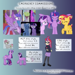 Size: 1000x1000 | Tagged: safe, artist:flipwix, moondancer, spike, starlight glimmer, sunset shimmer, trixie, twilight sparkle, oc, alicorn, pegasus, unicorn, equestria girls, g4, commission, commission info, emergency commission, equestria girls-ified, floppy ears, pegasus twilight sparkle, race swap, twilight sparkle (alicorn), unicorn twilight