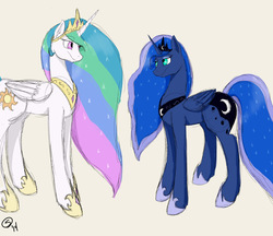 Size: 6000x5187 | Tagged: safe, artist:sydfreak2, princess celestia, princess luna, alicorn, pony, g4, absurd resolution, cutie mark, duo, ethereal mane, female, jewelry, looking at each other, mare, regalia, siblings, simple background, sisters, smiling, starry mane, white background
