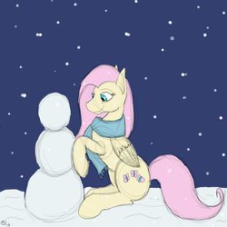 Size: 800x800 | Tagged: safe, artist:sydfreak2, fluttershy, pegasus, pony, g4, clothes, cutie mark, female, mare, night, scarf, smiling, snow, snowman, solo