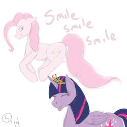 Size: 4000x4000 | Tagged: safe, artist:sydfreak2, pinkie pie, twilight sparkle, alicorn, earth pony, ghost, pony, g4, crown, cutie mark, duo, female, immortality blues, implied death, jewelry, mare, regalia, simple background, smile song, soul, spirit, twilight sparkle (alicorn), twilight will outlive her friends, white background