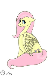 Size: 500x667 | Tagged: safe, artist:sydfreak2, fluttershy, pegasus, pony, g4, female, looking at you, mare, one wing out, simple background, solo, white background