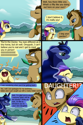 Size: 2280x3427 | Tagged: safe, artist:pridark, doctor whooves, princess luna, time turner, oc, oc:ebony crescent, bat pony, pony, comic:new world, g4, bat pony oc, comic, dialogue, doctor who, eyes closed, female, filly, high res, necktie, raised hoof, smiling, speech bubble, tardis, the doctor