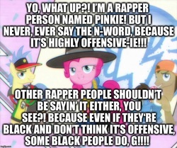 Size: 853x712 | Tagged: safe, edit, edited screencap, screencap, doctor whooves, goldengrape, pinkie pie, sir colton vines iii, time turner, g4, testing testing 1-2-3, g, image macro, meme, mouthpiece, n word, not racist, racism, rap, rapper pie, rapping, reaction image, this is bait