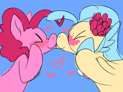 Size: 800x600 | Tagged: safe, artist:polyhexian, pinkie pie, princess skystar, earth pony, seapony (g4), g4, my little pony: the movie, blue background, blushing, eyes closed, female, flowing mane, heart, jewelry, kissing, lesbian, looking at each other, looking at someone, mare, necklace, ocean, pearl necklace, seaponified, seapony pinkie pie, ship:skypie, shipping, simple background, smiling, smiling at each other, species swap, underwater, water