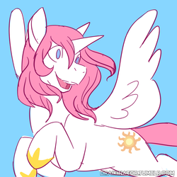 Size: 800x800 | Tagged: safe, artist:polyhexian, princess celestia, alicorn, pony, g4, alternate hairstyle, blue background, cutie mark, female, flying, happy, mare, missing accessory, open mouth, pink-mane celestia, simple background, solo, spread wings, wings, wrong eye color, younger