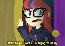 Size: 700x500 | Tagged: dead source, safe, artist:wubcakeva, moondancer, amending fences, equestria girls, g4, clothes, dialogue, door, equestria girls interpretation, equestria girls-ified, female, glasses, house, open mouth, scene interpretation, solo, sweater, wubcake