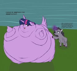 Size: 1280x1183 | Tagged: safe, artist:astr0zone, oleander (tfh), twilight sparkle, alicorn, pony, unicorn, them's fightin' herds, g4, belly, bingo wings, burp, community related, dark magic, duo, fat, floppy ears, glowing horn, horn, huge belly, impossibly large belly, inflating, inflation, large belly, magic, neck roll, permanent, twiblimp sparkle, twilight sparkle (alicorn), underhoof