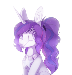 Size: 1026x1075 | Tagged: safe, artist:sararini, oc, oc only, pony, unicorn, big ears, commission, ethereal mane, female, hair tie, mare, peytral, ponytail, simple background, smiling, solo, starry mane, white background