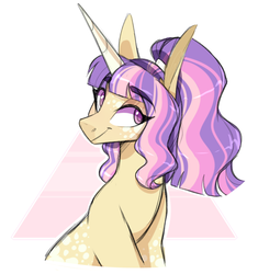 Size: 700x744 | Tagged: safe, artist:sararini, oc, oc only, oc:moon, pony, unicorn, abstract background, big ears, coat markings, dappled, female, gift art, hair tie, horn, long horn, mare, ponytail, smiling, solo