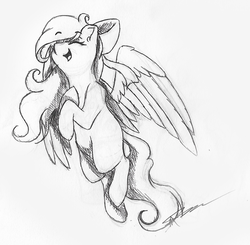 Size: 1024x1002 | Tagged: safe, artist:mindlesssketching, oc, oc only, oc:pastelle song, pegasus, pony, bow, female, hair bow, happy, mare, monochrome, solo, traditional art