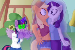 Size: 5243x3495 | Tagged: safe, artist:sergeant16bit, applejack, rarity, twilight sparkle, alicorn, earth pony, pony, unicorn, anthro, g4, breast squish, breasts, dark magic, female, forced, forced kiss, forced lesbian, grin, kiss on the lips, kissing, lesbian, magic, magic abuse, now kiss, ship:rarijack, shipper on deck, shipping, smiling, sombra eyes, spread wings, symmetrical docking, trio, twilight sparkle (alicorn), twilight the shipper, wingboner, wings