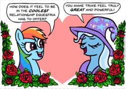 Size: 1288x910 | Tagged: safe, artist:gingerfoxy, rainbow dash, trixie, pegasus, pony, unicorn, pony couple generator, g4, female, flower, heart, lesbian, rose, shipping, trixdash