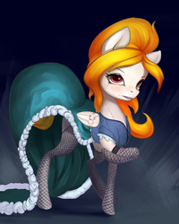 Size: 2500x3118 | Tagged: safe, artist:oneofyouare, oc, oc only, oc:storm shield, pegasus, pony, blushing, clothes, dress, female, fishnet stockings, high res, looking at you, mare, raised hoof, simple background, solo