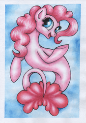 Size: 1024x1464 | Tagged: safe, artist:langustka, pinkie pie, earth pony, pony, seapony (g4), g4, my little pony: the movie, cute, diapinkes, dorsal fin, female, fin, fish tail, flowing mane, flowing tail, looking at you, mare, ocean, open mouth, open smile, scales, seaponified, seapony pinkie pie, seaquestria, smiling, smiling at you, solo, species swap, swimming, tail, that pony sure does love being a seapony, traditional art, underwater, water