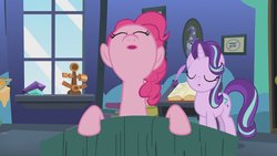 Size: 1920x1080 | Tagged: safe, screencap, pinkie pie, starlight glimmer, trixie, g4, the maud couple, awoo, eyes closed, great moments in animation, starlight's room