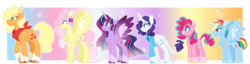 Size: 1600x412 | Tagged: safe, artist:leviostars, applejack, fluttershy, pinkie pie, rainbow dash, rarity, twilight sparkle, alicorn, pony, g4, alternate design, chest fluff, clothes, colored wings, gradient wings, mane six, scar, shirt, spread wings, twilight sparkle (alicorn), wings