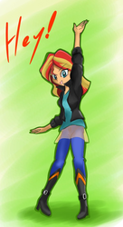 Size: 600x1100 | Tagged: safe, artist:buribuna, sunset shimmer, equestria girls, g4, clothes, female, jacket, leather jacket, looking at you, solo, waving