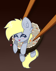 Size: 1621x2048 | Tagged: safe, artist:kittyrosie, derpy hooves, pegasus, pony, g4, blush sticker, blushing, cute, derpabetes, eyes closed, female, food, heart, mare, micro, ponies in food, ponies in sushi, simple background, solo, sushi, this will end in vore