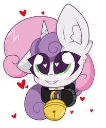 Size: 2761x3353 | Tagged: safe, artist:kittyrosie, sweetie belle, pony, unicorn, g4, bell, bell collar, blush sticker, blushing, cat bell, collar, cute, diasweetes, female, filly, heart eyes, high res, looking at you, simple background, solo, white background, wingding eyes