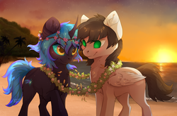 Size: 2700x1778 | Tagged: safe, artist:reysi, oc, oc only, oc:fiery comet, pegasus, pony, unicorn, beach, commission, couple, female, floral head wreath, flower, male, mare, oc x oc, ocean, palm tree, shipping, smiling, stallion, straight, sunset, tree, ych result