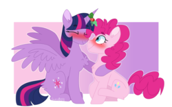 Size: 1024x640 | Tagged: safe, artist:leviostars, pinkie pie, twilight sparkle, alicorn, pony, g4, abstract background, blushing, chest fluff, cutie mark, ear fluff, eyes closed, female, holly, holly mistaken for mistletoe, lesbian, mare, ship:twinkie, shipping, simple background, smiling, transparent background, twilight sparkle (alicorn)