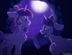Size: 1024x790 | Tagged: safe, artist:leviostars, princess cadance, twilight sparkle, alicorn, pony, g4, alternate hairstyle, chest fluff, crying, cutie mark, duo, female, jewelry, looking at each other, mare, moon, night, open mouth, regalia, sad, stars, twilight sparkle (alicorn), window